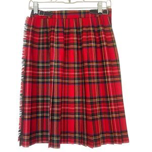 Scotish Tartan Plaid Wool Wrap Skirt Womens Size 12 Red Pleated Buckle Raw Hem